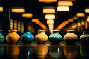 a row of vases lined up in a row. AI-Generated photo