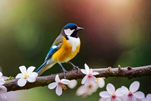 a bird sits on a branch with flowers. AI-Generated photo