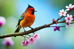 a colorful bird sits on a branch with pink flowers. AI-Generated photo