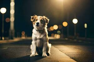 a dog sitting on the street at night. AI-Generated photo