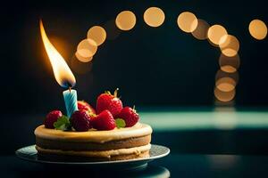 a birthday cake with a lit candle. AI-Generated photo