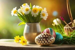 easter eggs and flowers in a vase. AI-Generated photo