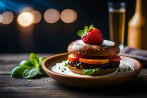 a hamburger with a strawberry on top. AI-Generated photo