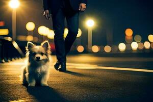 a man in a suit and tie is walking his dog on the street at night. AI-Generated photo