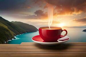 coffee cup on the table with a view of the sea and mountains. AI-Generated photo