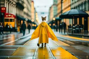 a cat in a yellow raincoat standing on a street. AI-Generated photo