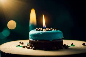 azul cumpleaños pastel con un vela en un de madera mesa. generado por ai foto