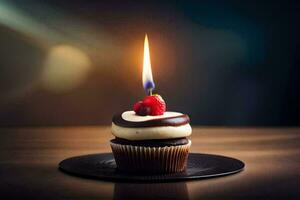 a cupcake with a single candle on top. AI-Generated photo