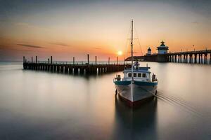 un barco es atracado a el muelle a puesta de sol. generado por ai foto