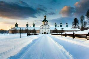 a snowy road leads to a church in the middle of a field. AI-Generated photo