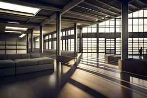 a large room with a large window and a couch. AI-Generated photo