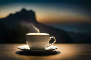a cup of coffee on a table with a mountain in the background. AI-Generated photo