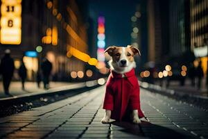 a dog wearing a red coat sits on the street at night. AI-Generated photo