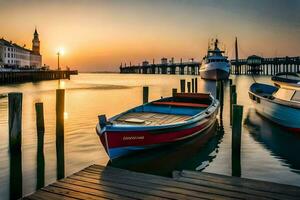 boats docked at the pier in the sunset. AI-Generated photo