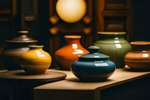 a row of colorful vases on a wooden table. AI-Generated photo