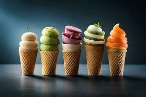 five ice cream cones with different flavors. AI-Generated photo