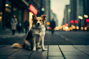 a dog sitting on the sidewalk in front of a city. AI-Generated photo