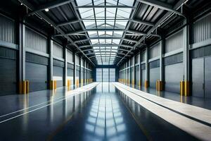 an empty warehouse with a large skylight. AI-Generated photo