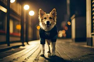 a dog wearing a jacket walking down a street at night. AI-Generated photo