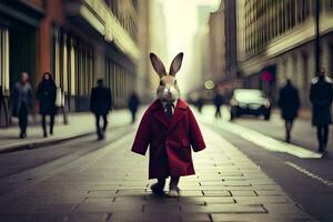 a rabbit wearing a red coat and tie walking down a street. AI-Generated photo