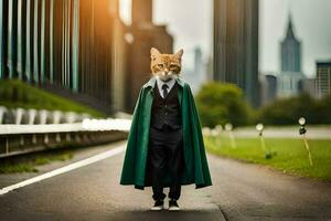 un gato vestido como un superhéroe en un traje y atar. generado por ai foto