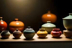 a row of colorful vases on a shelf. AI-Generated photo
