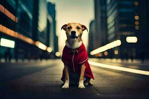 a dog wearing a red jacket sitting on the street. AI-Generated photo