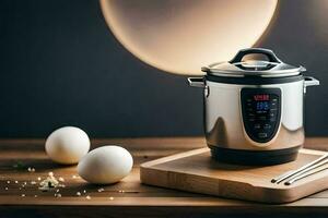 an electric pressure cooker with eggs on a cutting board. AI-Generated photo