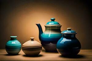 a group of three blue and green vases. AI-Generated photo