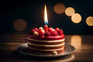 a red cake with berries and a lit candle. AI-Generated photo