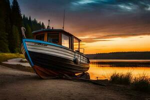 a boat sits on the shore of a lake at sunset. AI-Generated photo