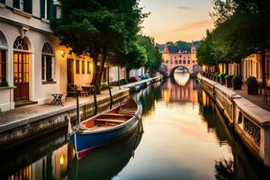 a boat is docked in a canal at sunset. AI-Generated photo