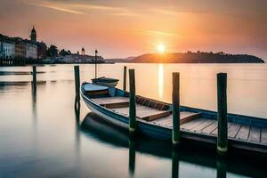 un barco se sienta en el muelle a puesta de sol. generado por ai foto