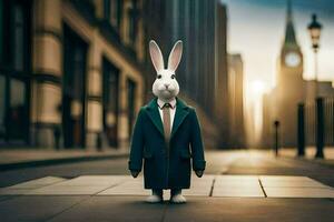 a rabbit in a suit and tie standing on a street. AI-Generated photo