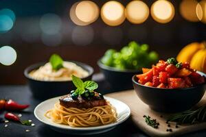 spaghetti, meatballs and vegetables on a table. AI-Generated photo