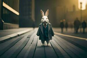 a rabbit in a suit and tie standing on a street. AI-Generated photo