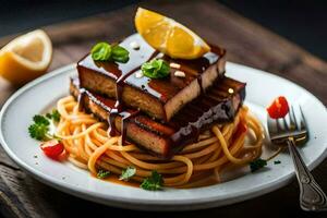 a plate of spaghetti with tofu and lemon. AI-Generated photo