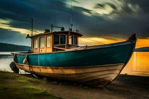 a boat sits on the shore at sunset. AI-Generated photo