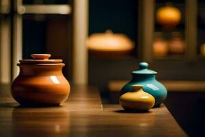 three colorful vases sit on a wooden table. AI-Generated photo