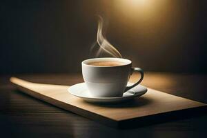 a cup of coffee on a wooden tray. AI-Generated photo