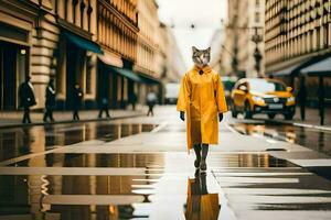 un zorro vistiendo un amarillo impermeable caminando abajo un calle. generado por ai foto