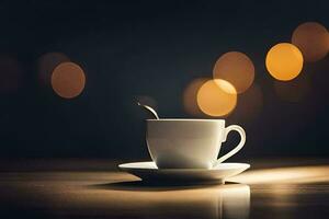 a cup of coffee on a table with bokeh lights. AI-Generated photo