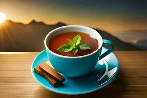 the tea cup with cinnamon sticks and mint leaves is on a wooden table with a mountain in the. AI-Generated photo