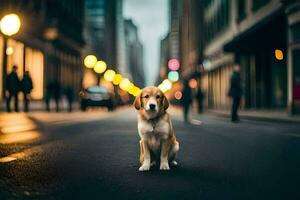 a dog sitting on the street in a city. AI-Generated photo