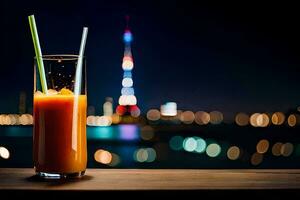 un vaso de naranja jugo con un ciudad horizonte en el antecedentes. generado por ai foto