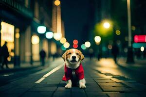 a dog wearing a red shirt on the street at night. AI-Generated photo