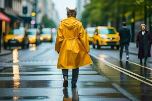 un persona en un amarillo impermeable caminando abajo un ciudad calle. generado por ai foto