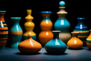 a group of colorful vases are shown on a black background. AI-Generated photo