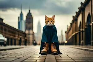 a cat wearing a cape and boots on a brick walkway. AI-Generated photo