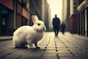 a white rabbit is standing on a brick road. AI-Generated photo